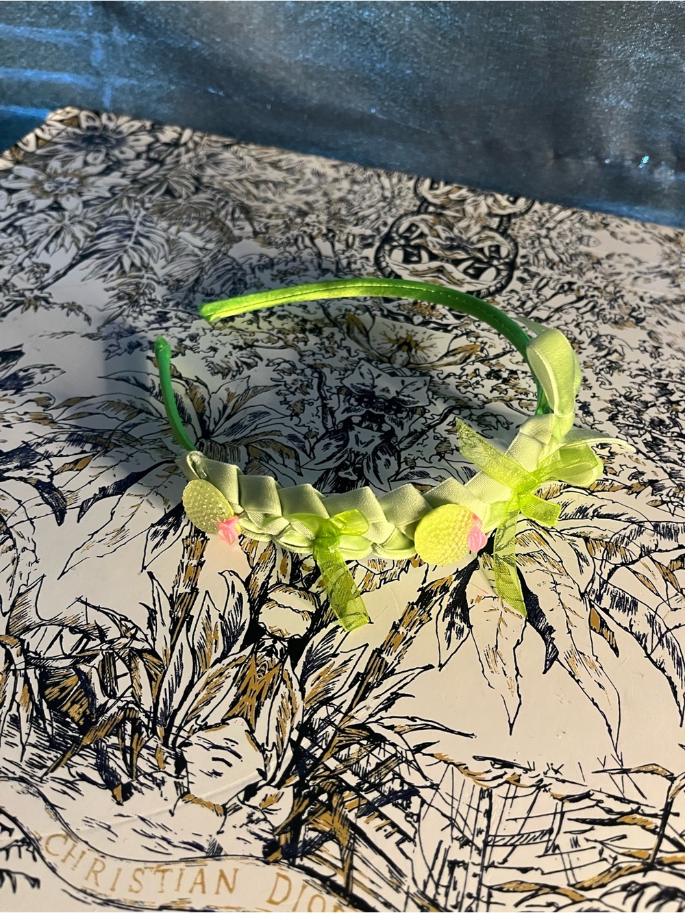 Handmade Kids Lime Green Ribbon Headband with Apple Accents